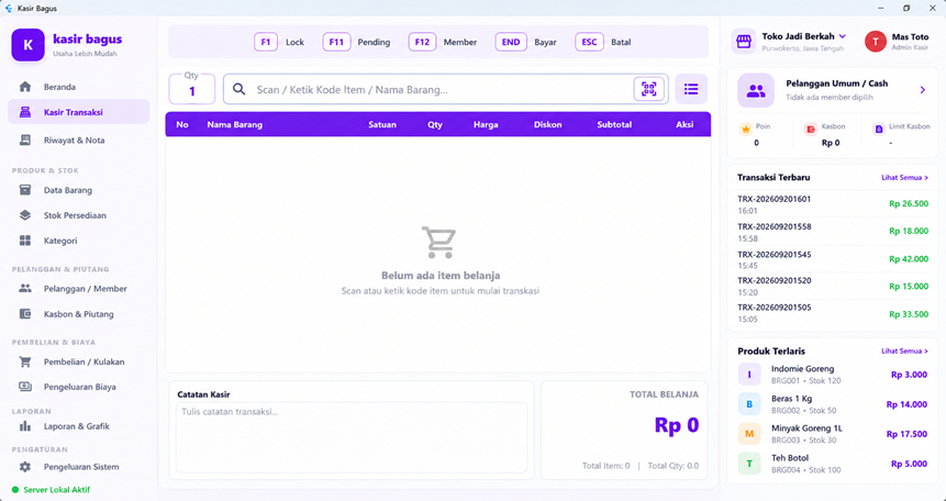 Tampilan aplikasi Kasir Bagus Desktop
